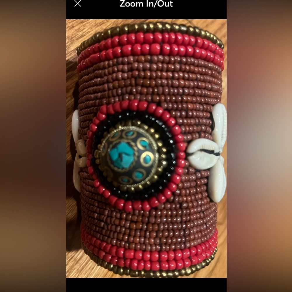 Wide tribal Beaded cuff Bracelet with Shell Accents and intracate beading - Picture 7 of 12